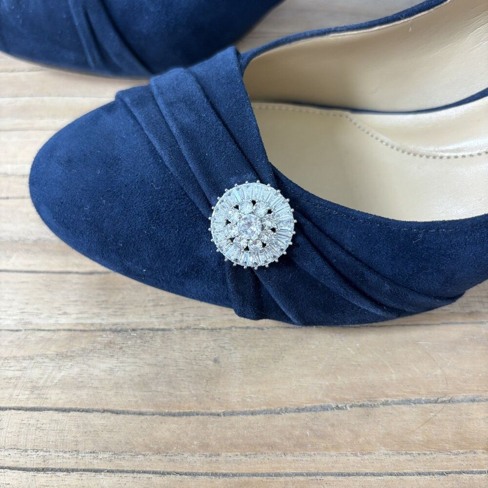 Talbots Navy Suede Leather Pumps Block Heel Size 8.5M Rhinestone Glam Event Chic - Picture 2 of 12